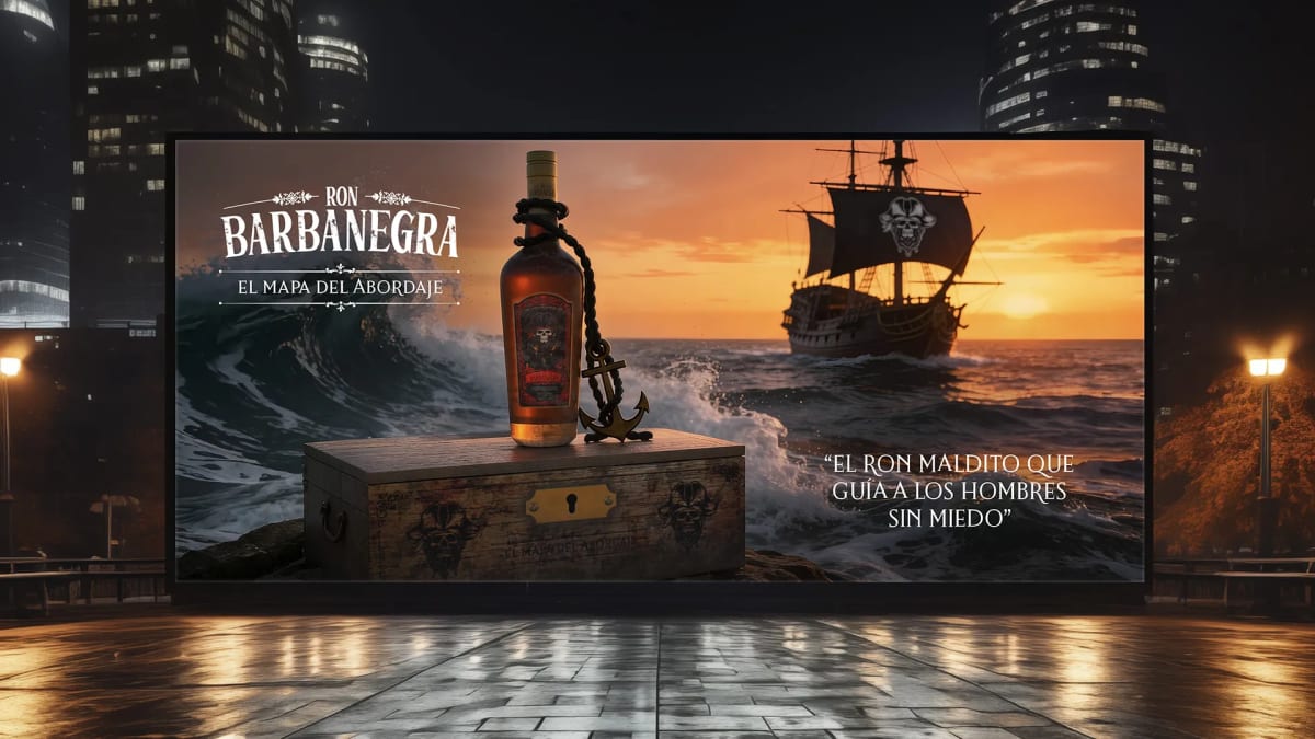 Valla publicitaria del ron pirata Barbanegra con un galeón al atardecer, de Ánder Sánchez, alumno de Diseño Gráfico y Motion Graphics en TRAZOS