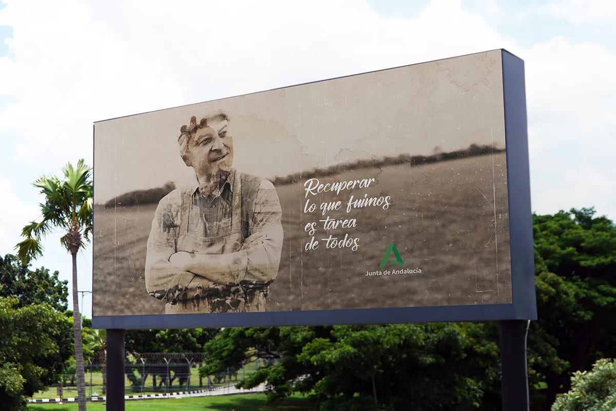 Valla publicitaria de la campaña Recuperar lo que fuimos de la Junta de Andalucia con retrato a doble exposicion de un anciano, de Diseño Gráfico y Motion Graphics en TRAZOS