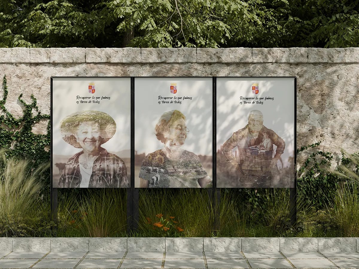 Tres carteles de la campaña Recuperar lo que fuimos en mupis junto a un muro de piedra, de Diseño Gráfico y Motion Graphics en TRAZOS
