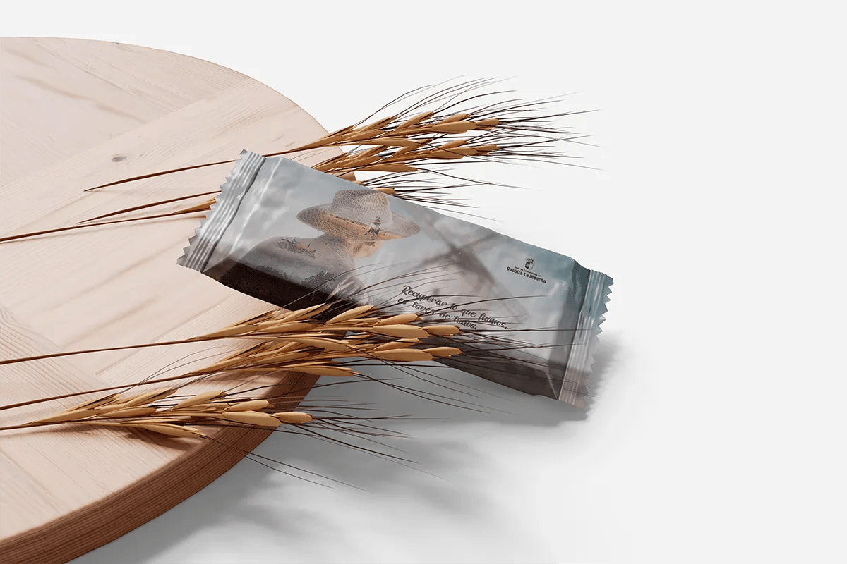 Envase de snack de la campaña Recuperar lo que fuimos de Castilla-La Mancha sobre tabla de madera con espigas, de Diseño Gráfico y Motion Graphics en TRAZOS