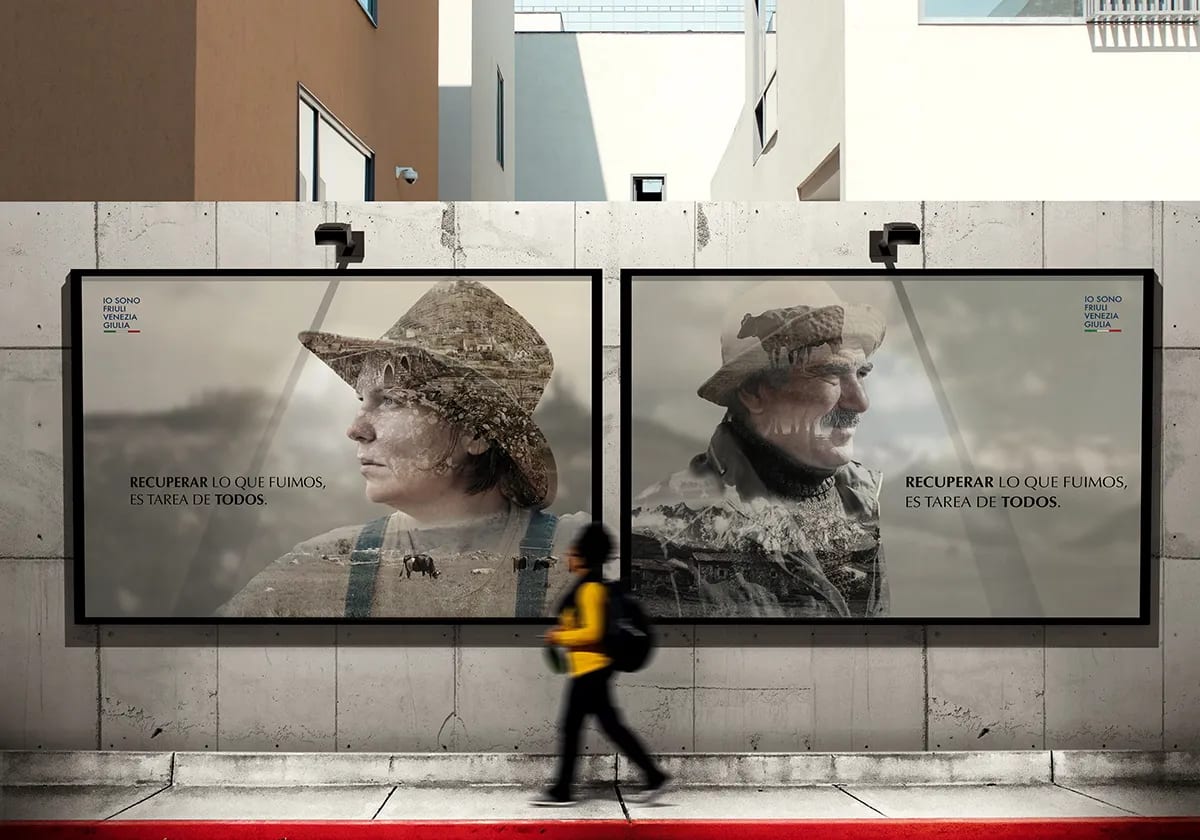 Dos vallas publicitarias de la campaña Recuperar lo que fuimos de Friuli Venezia Giulia con retratos a doble exposicion, de Diseño Gráfico y Motion Graphics en TRAZOS
