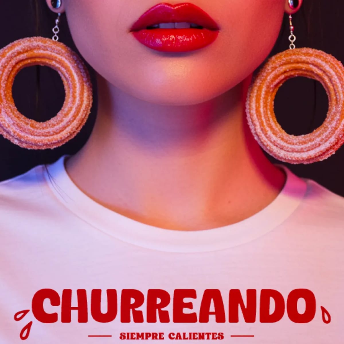Cartel de la marca de churrería Churreando con pendientes en forma de churro, de Irene Valverde Fernández, alumna de Diseño Gráfico y Motion Graphics en TRAZOS