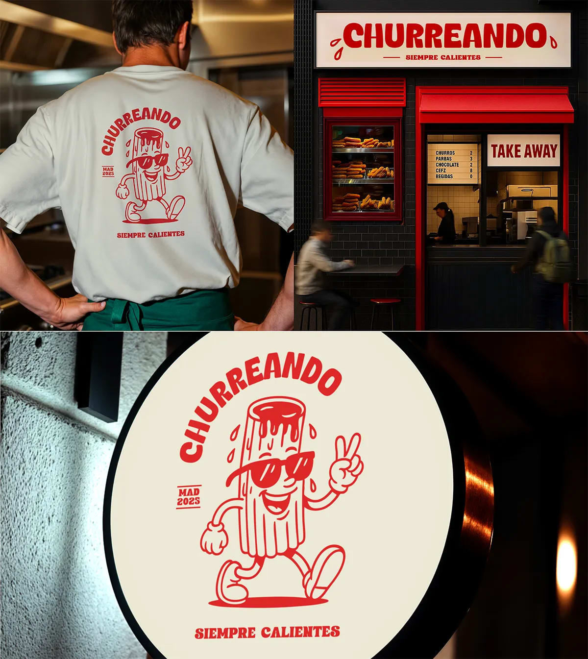 Rótulo y aplicaciones de local de la marca Churreando con mascota ilustrada, de Irene Valverde Fernández, alumna de Diseño Gráfico y Motion Graphics en TRAZOS