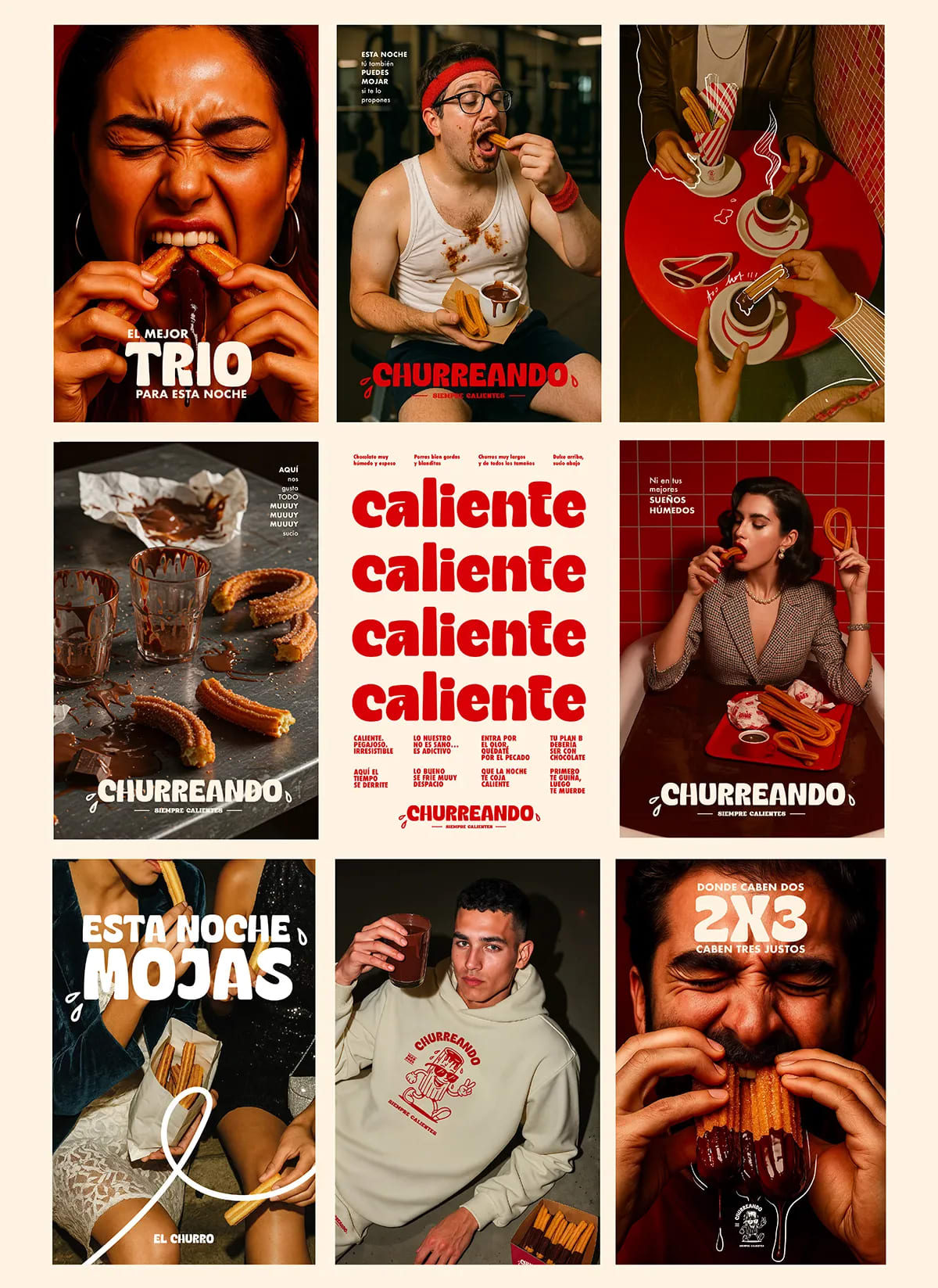 Campaña de carteles publicitarios de la marca Churreando con fotografía y tipografía en rojo, de Irene Valverde Fernández, alumna de Diseño Gráfico y Motion Graphics en TRAZOS