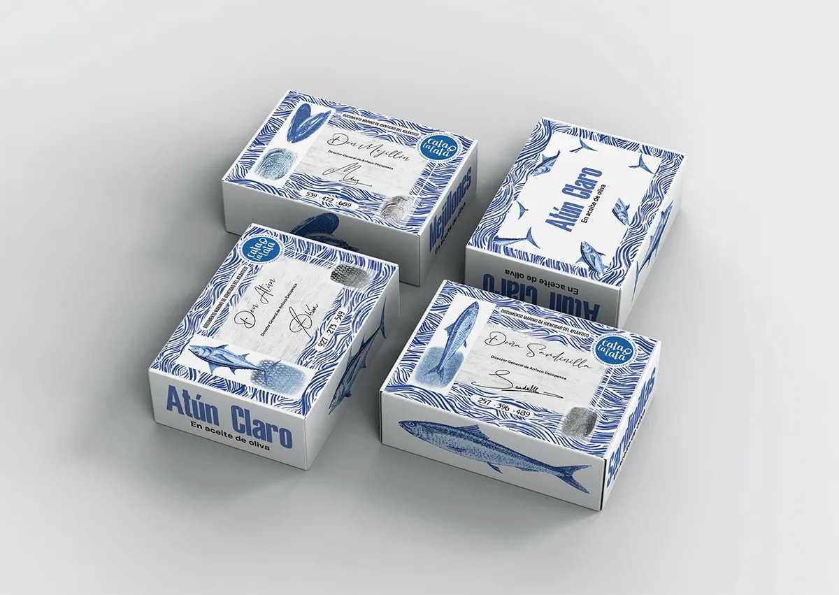 Cajas de Atún Claro y otras conservas de la marca Cata la lata, de Rita García, alumna de Diseño Gráfico y Motion Graphics en TRAZOS