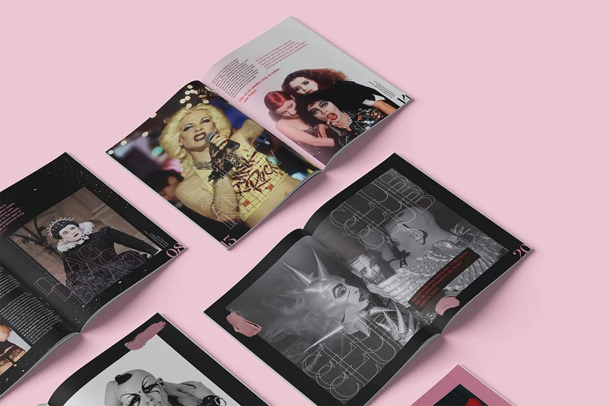 Dobles páginas de la revista DRAG sobre cultura drag, de Lucía San Miguel, alumna de Diseño Gráfico y Motion Graphics en TRAZOS
