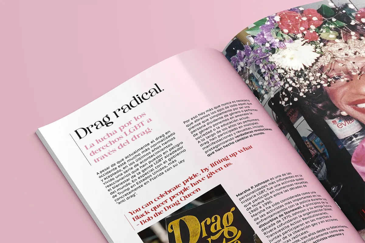 Doble página de la revista DRAG sobre la lucha por los derechos LGBT, de Lucía San Miguel, alumna de Diseño Gráfico y Motion Graphics en TRAZOS