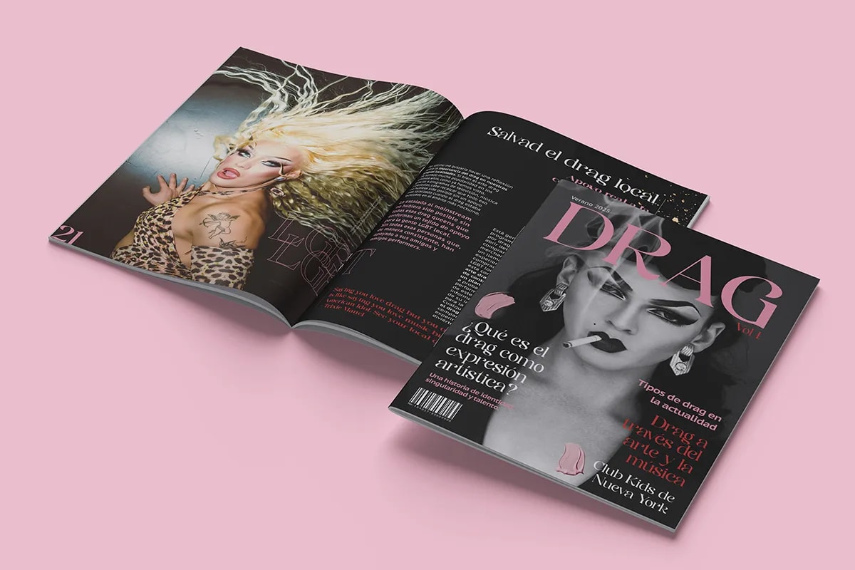 Portada de la revista DRAG junto a una doble página interior, de Lucía San Miguel, alumna de Diseño Gráfico y Motion Graphics en TRAZOS