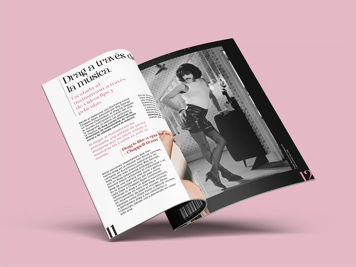 Doble página de la revista DRAG sobre el drag a través de la música, de Lucía San Miguel, alumna de Diseño Gráfico y Motion Graphics en TRAZOS