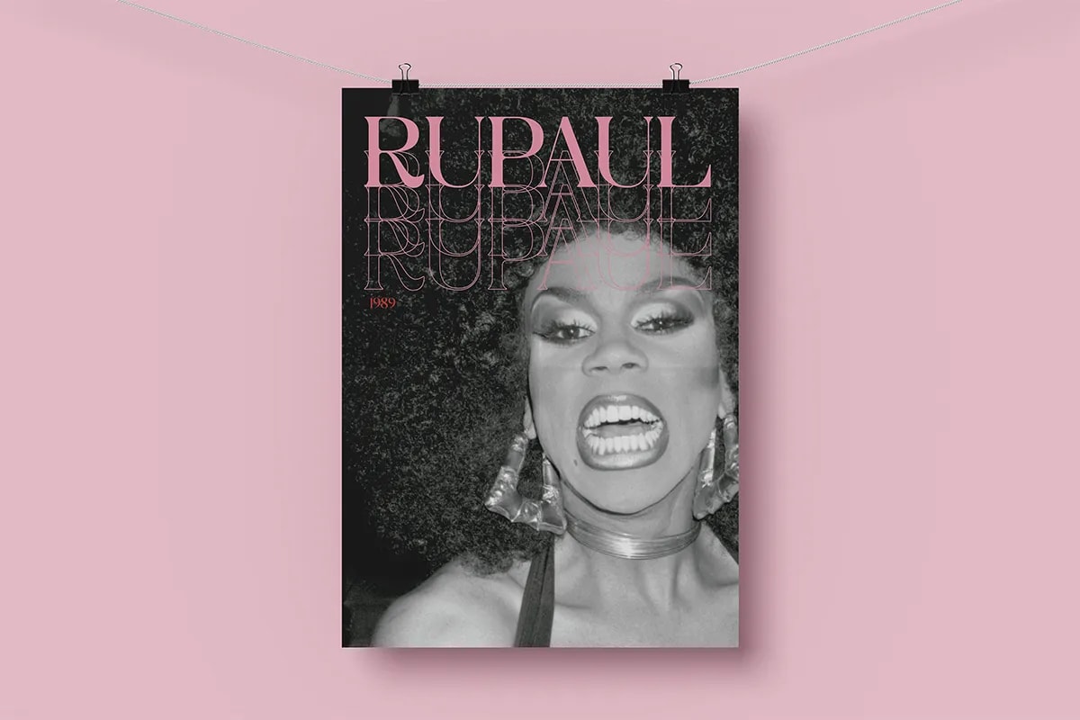 Cartel de RuPaul 1989 de la revista DRAG colgado, de Lucía San Miguel, alumna de Diseño Gráfico y Motion Graphics en TRAZOS