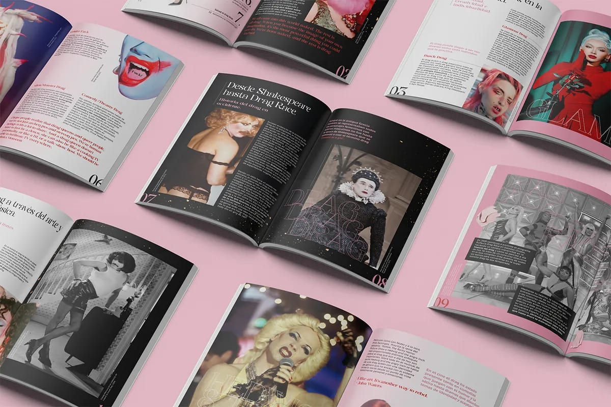 Conjunto de dobles páginas de la revista DRAG, de Lucía San Miguel, alumna de Diseño Gráfico y Motion Graphics en TRAZOS
