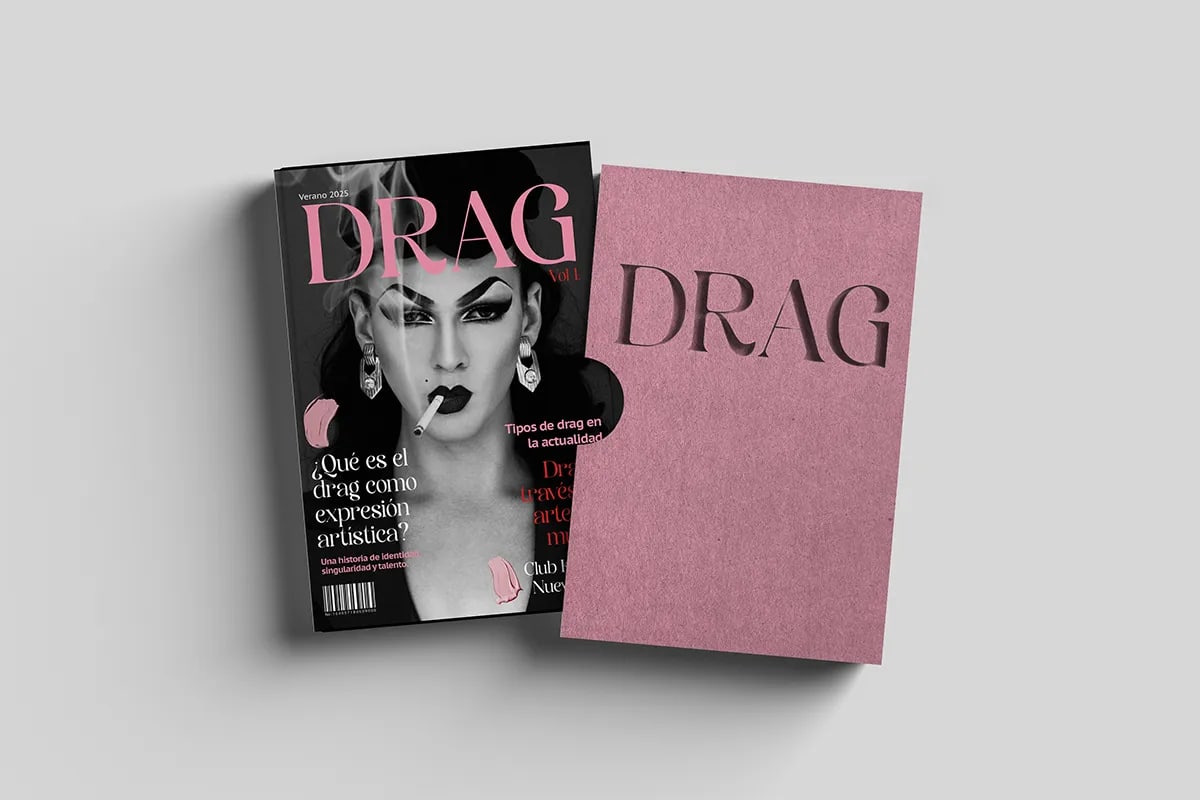 Portada de la revista DRAG con su estuche, de Lucía San Miguel, alumna de Diseño Gráfico y Motion Graphics en TRAZOS