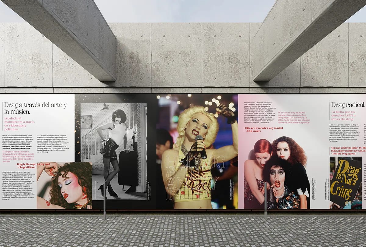 Pared expositiva con la gráfica editorial de la revista DRAG, de Lucía San Miguel, alumna de Diseño Gráfico y Motion Graphics en TRAZOS