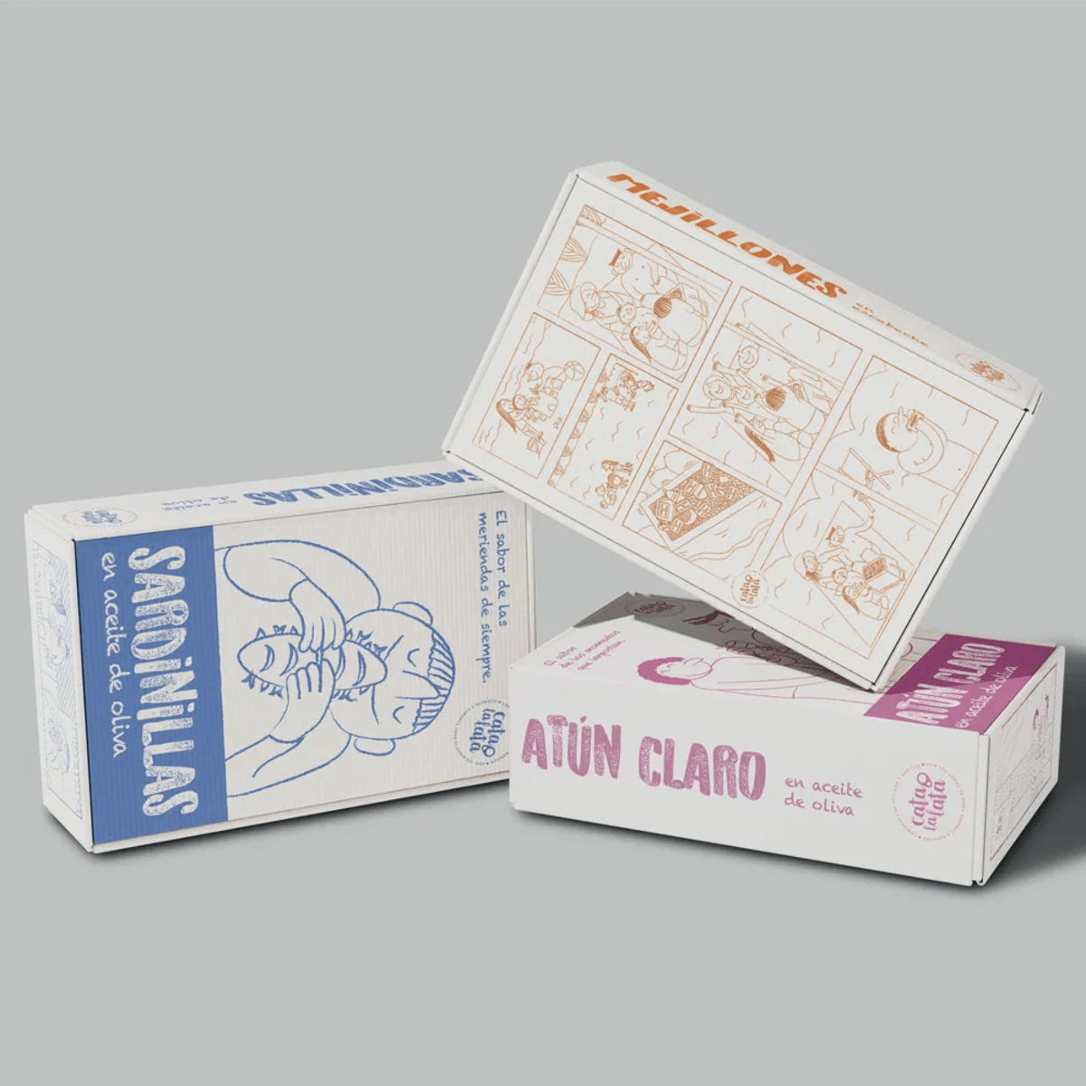 Cajas de conservas Cata la lata: sardinillas, mejillones y atún claro con ilustraciones, de Maren Alberdi Hernández, alumna de Diseño Gráfico y Motion Graphics en TRAZOS