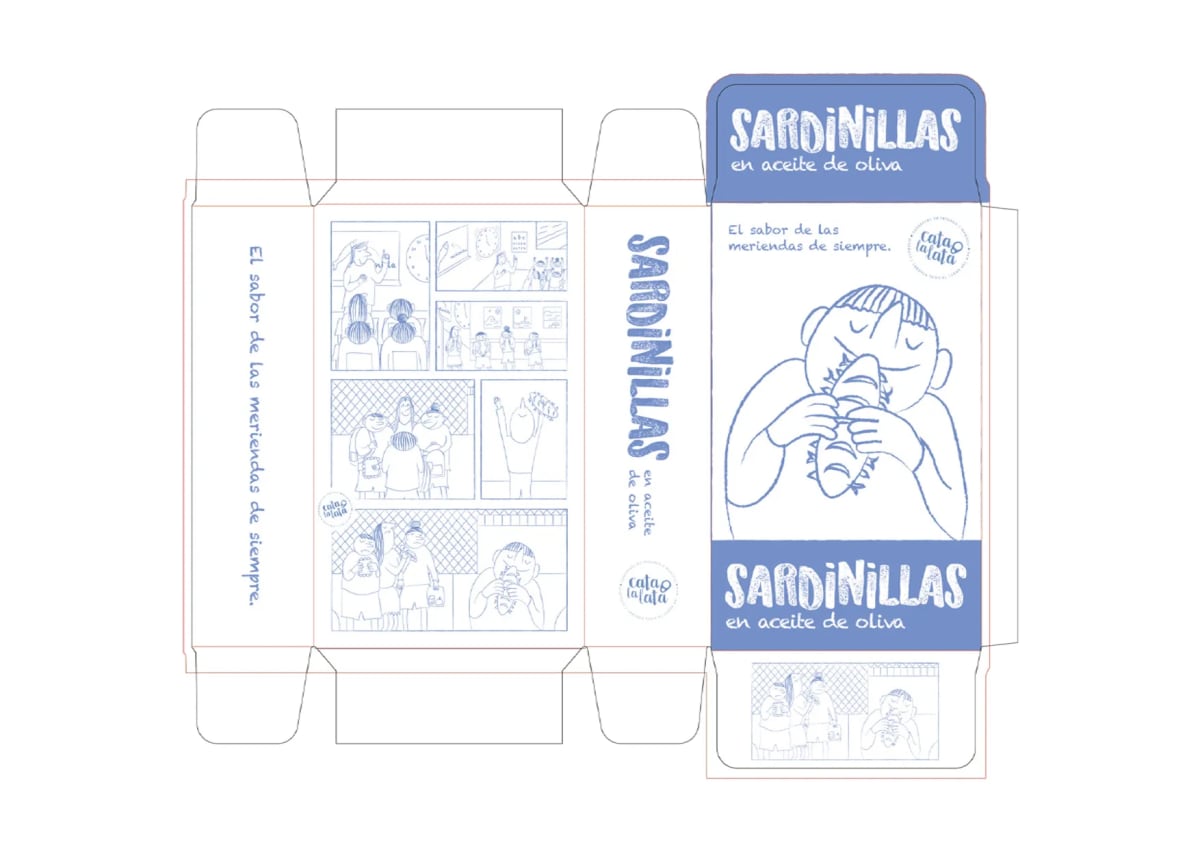 Troquel desplegado del envase de sardinillas Cata la lata con viñetas ilustradas, de Maren Alberdi Hernández, alumna de Diseño Gráfico y Motion Graphics en TRAZOS