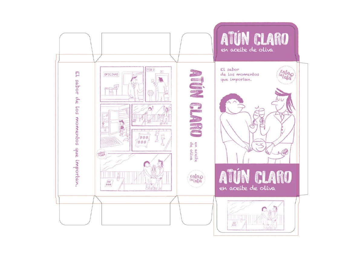 Troquel desplegado del envase de atún claro Cata la lata con viñetas ilustradas, de Maren Alberdi Hernández, alumna de Diseño Gráfico y Motion Graphics en TRAZOS
