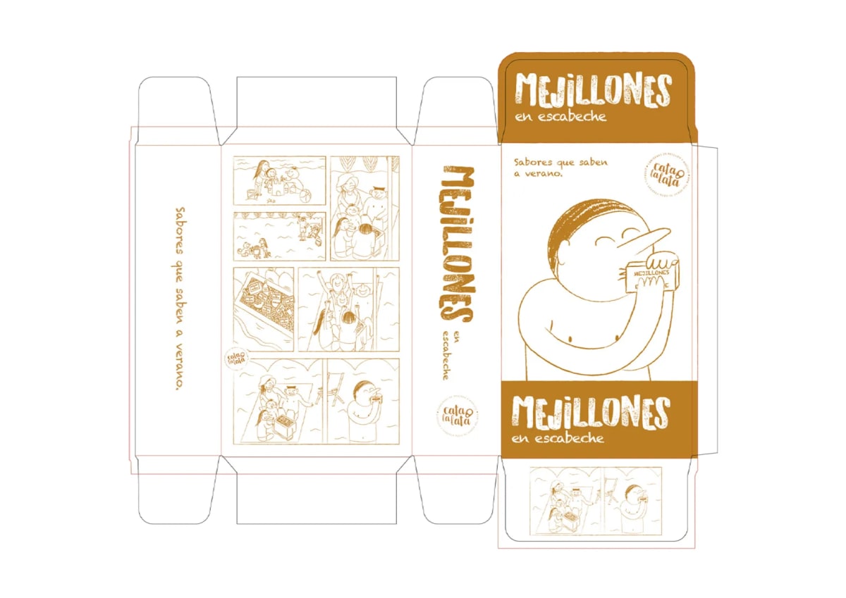 Troquel desplegado del envase de mejillones Cata la lata con viñetas ilustradas, de Maren Alberdi Hernández, alumna de Diseño Gráfico y Motion Graphics en TRAZOS