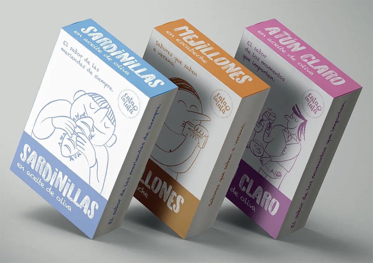 Tres cajas de conservas Cata la lata: sardinillas, mejillones y atún claro, de Maren Alberdi Hernández, alumna de Diseño Gráfico y Motion Graphics en TRAZOS