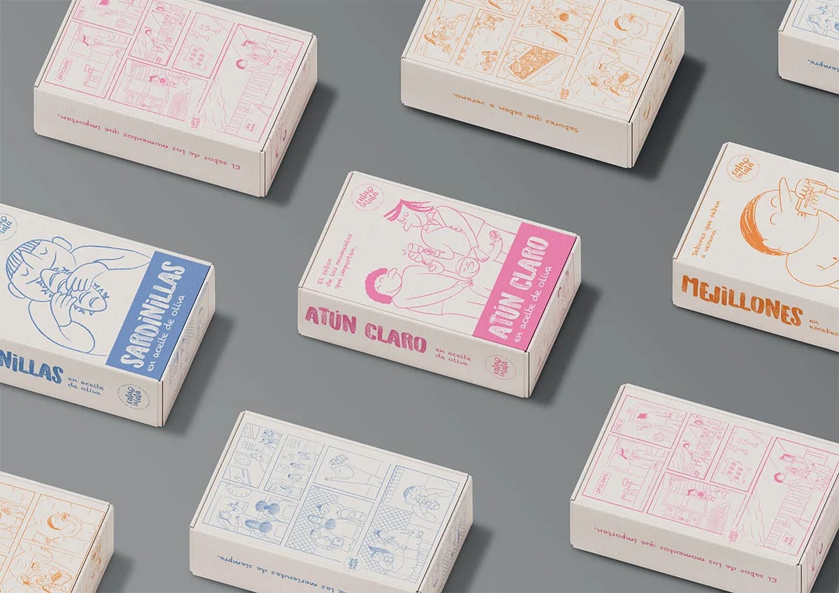 Cajas de conservas Cata la lata dispuestas en patrón con viñetas ilustradas, de Maren Alberdi Hernández, alumna de Diseño Gráfico y Motion Graphics en TRAZOS