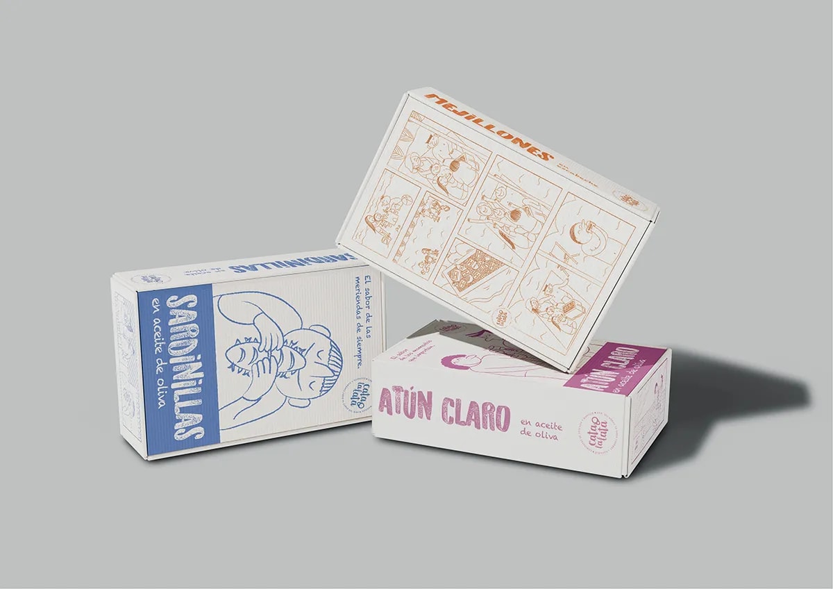 Conjunto de cajas de conservas Cata la lata: sardinillas, mejillones y atún claro, de Maren Alberdi Hernández, alumna de Diseño Gráfico y Motion Graphics en TRAZOS