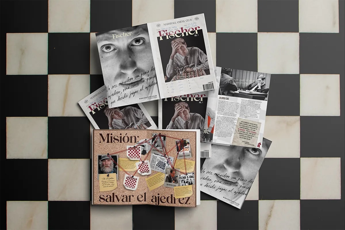 Páginas y portada de la revista Fischer sobre suelo ajedrezado, de Hugo Sánchez Herrero, alumno de Diseño Gráfico y Motion Graphics en TRAZOS