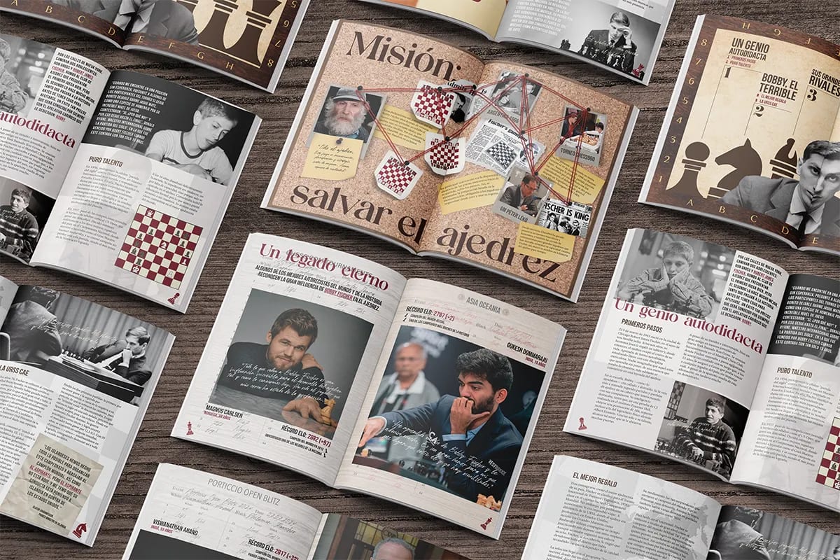 Revistas Fischer abiertas por el reportaje Misión salvar el ajedrez, de Hugo Sánchez Herrero, alumno de Diseño Gráfico y Motion Graphics en TRAZOS