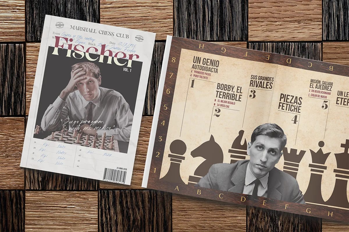 Revista Fischer mostrando portada y páginas interiores sobre madera, de Hugo Sánchez Herrero, alumno de Diseño Gráfico y Motion Graphics en TRAZOS