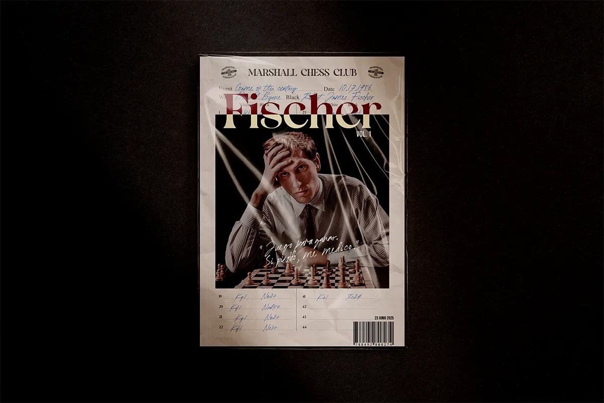 Cubierta de la revista Fischer con retrato de Bobby Fischer, de Hugo Sánchez Herrero, alumno de Diseño Gráfico y Motion Graphics en TRAZOS