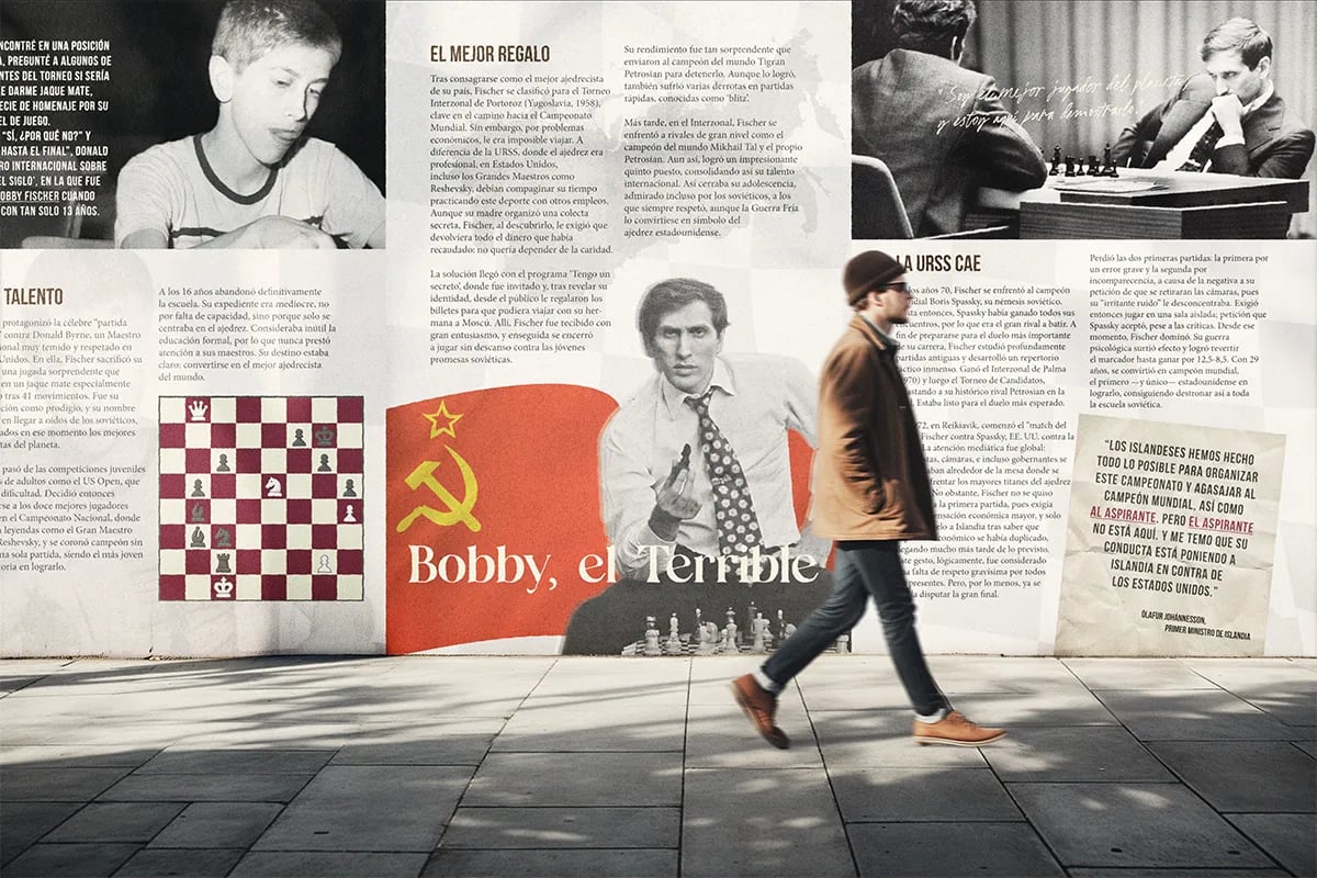Mural urbano de la revista Fischer con el reportaje Bobby el Terrible, de Hugo Sánchez Herrero, alumno de Diseño Gráfico y Motion Graphics en TRAZOS