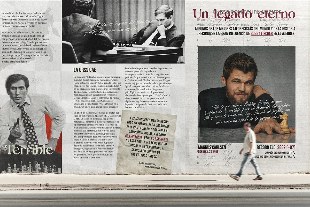 Mural editorial de Fischer con el reportaje Un legado eterno, de Hugo Sánchez Herrero, alumno de Diseño Gráfico y Motion Graphics en TRAZOS