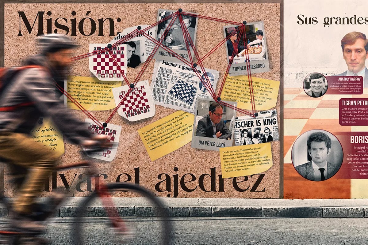Valla urbana de Fischer con el reportaje salvar el ajedrez en la calle, de Hugo Sánchez Herrero, alumno de Diseño Gráfico y Motion Graphics en TRAZOS
