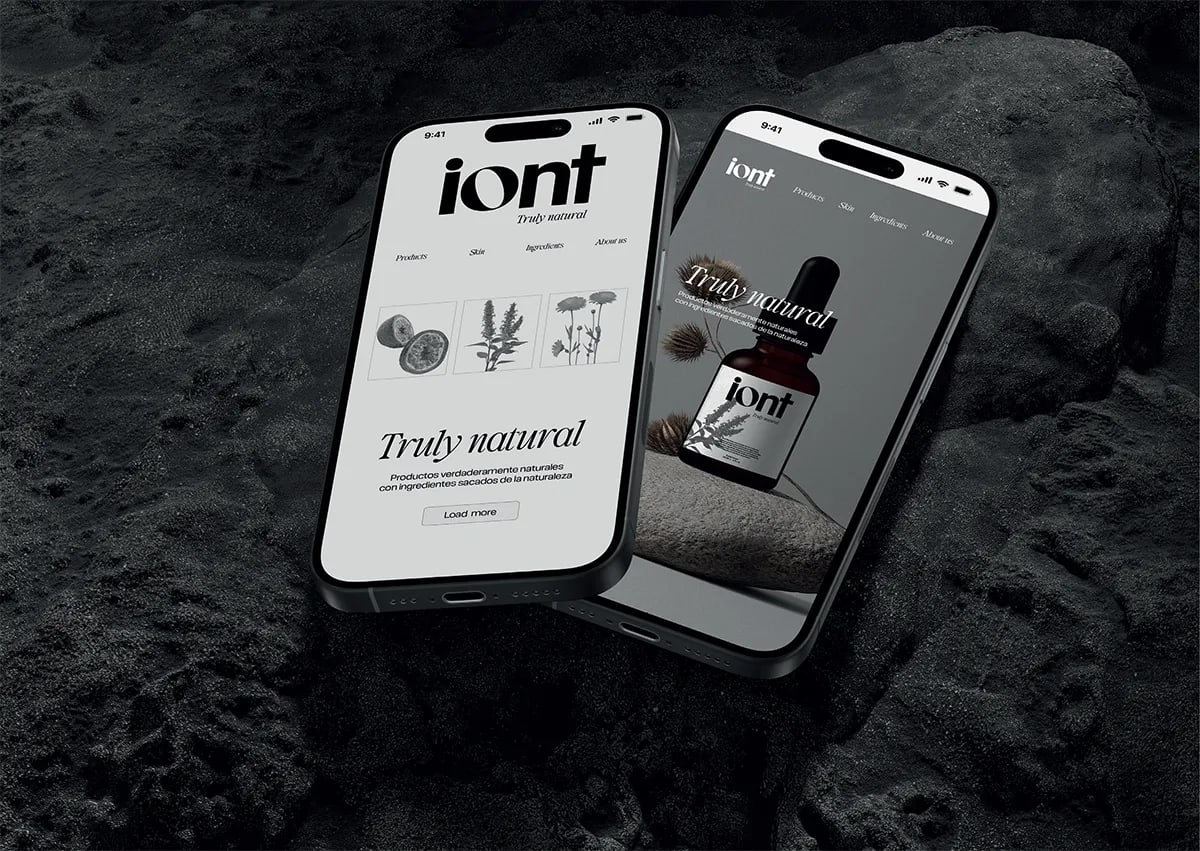 Mockup de la web móvil de la marca iont en dos teléfonos sobre roca, de Rita García, alumna de Diseño Gráfico y Motion Graphics en TRAZOS