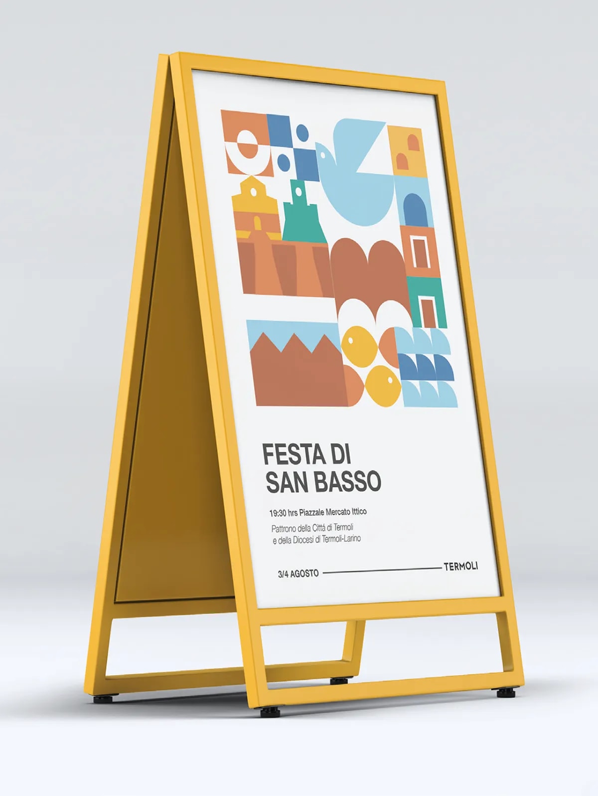 Señalética direccional de calle de la identidad de Termoli con iconos geométricos, de Irene Valverde Fernández, alumna de Diseño Gráfico y Motion Graphics en TRAZOS