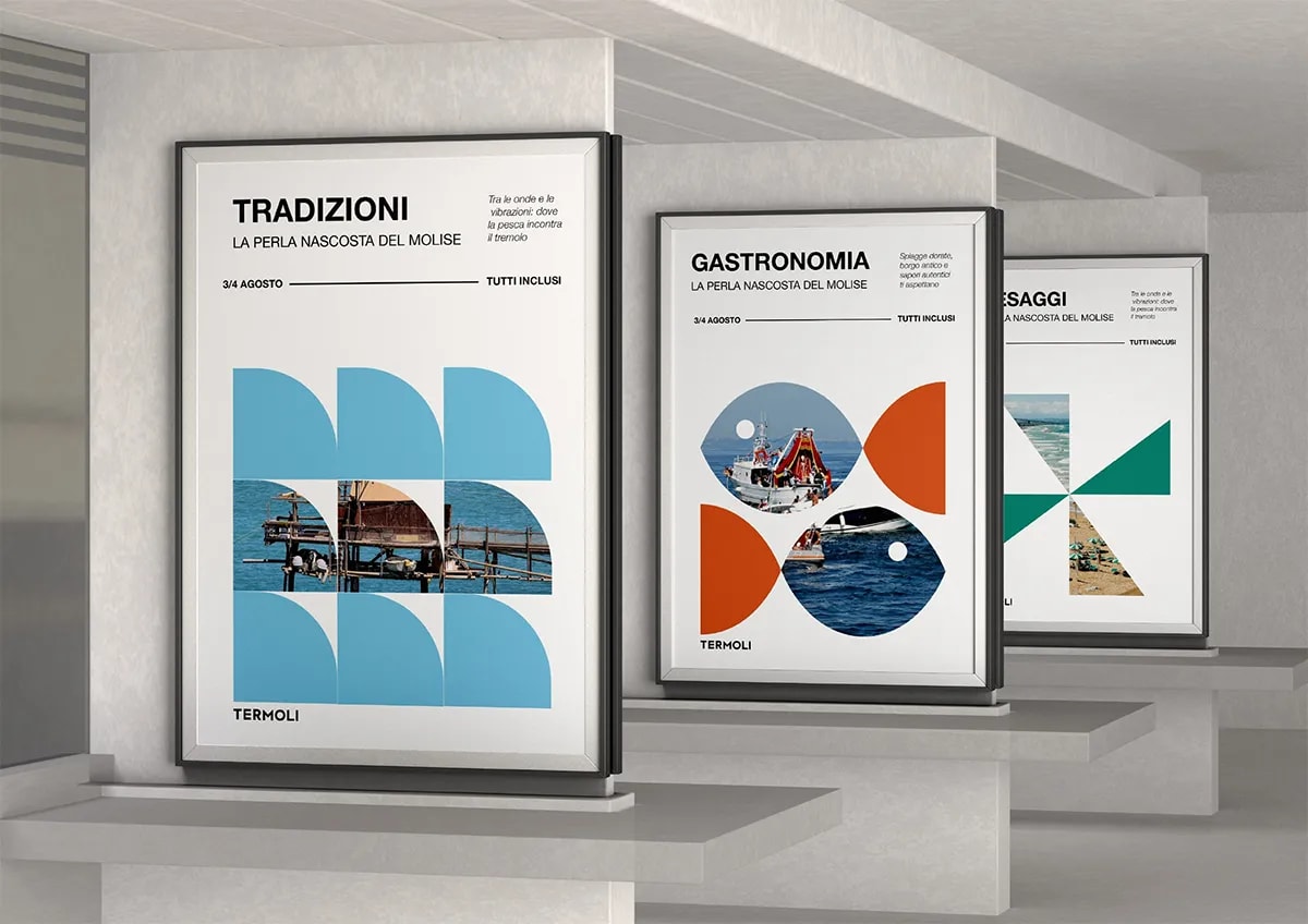 Cartel del evento Festa di San Basso con composición geométrica de la identidad de Termoli, de Irene Valverde Fernández, alumna de Diseño Gráfico y Motion Graphics en TRAZOS