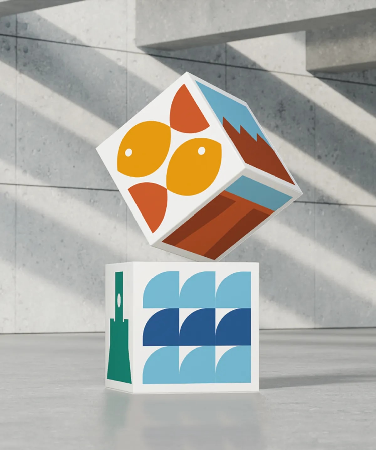 Señalética de flechas direccionales con iconos geométricos de la identidad de Termoli, de Irene Valverde Fernández, alumna de Diseño Gráfico y Motion Graphics en TRAZOS