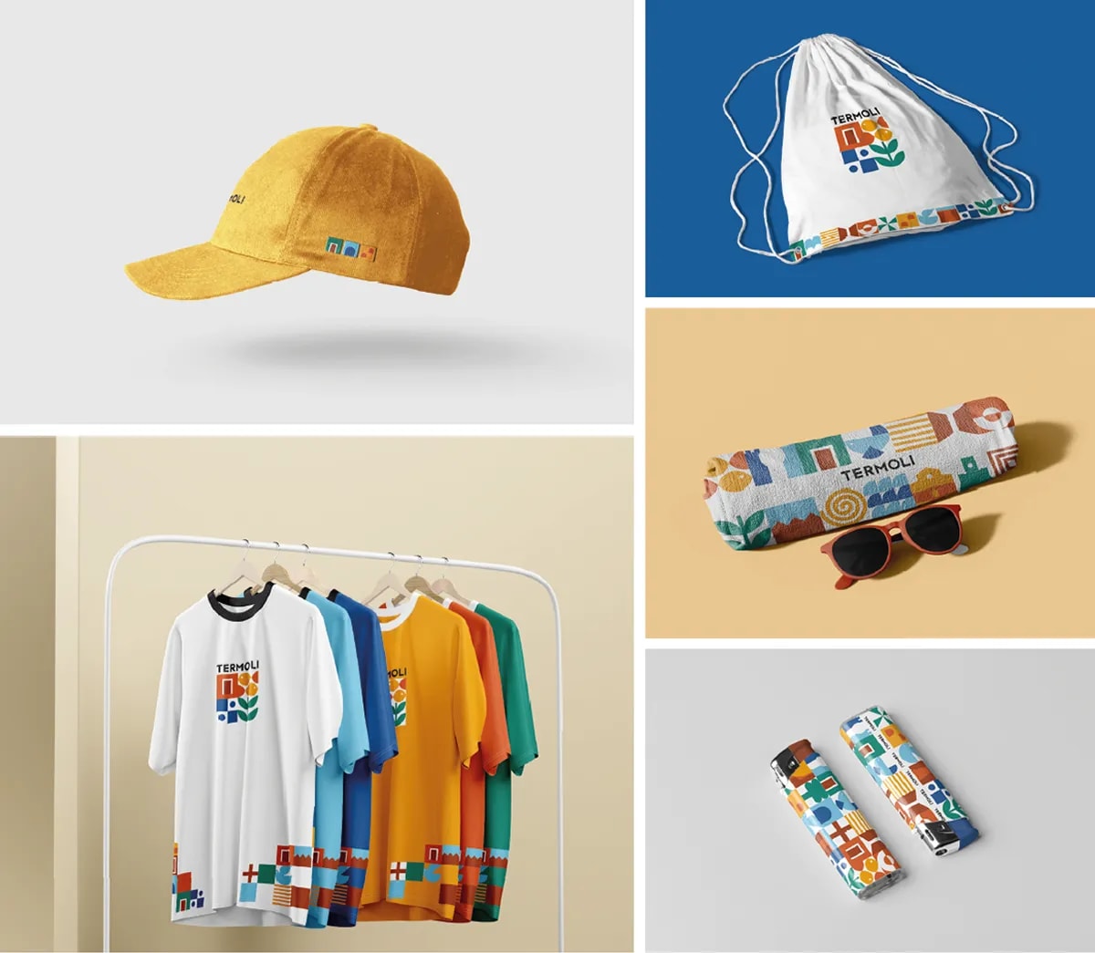 Merchandising de la identidad de Termoli con gorra, mochila, camisetas, toalla y mecheros, de Irene Valverde Fernández, alumna de Diseño Gráfico y Motion Graphics en TRAZOS