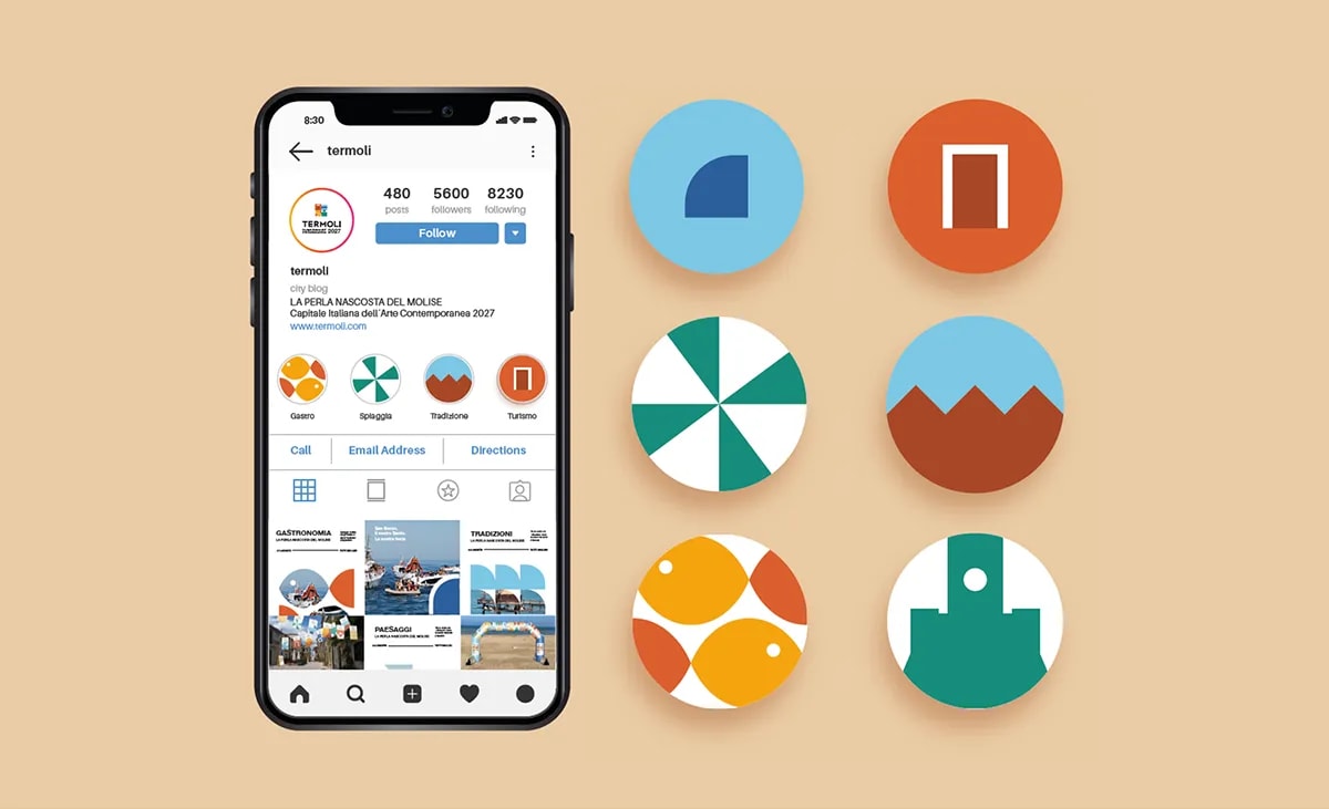 Perfil de redes sociales e iconos circulares de la identidad de Termoli en un móvil, de Irene Valverde Fernández, alumna de Diseño Gráfico y Motion Graphics en TRAZOS