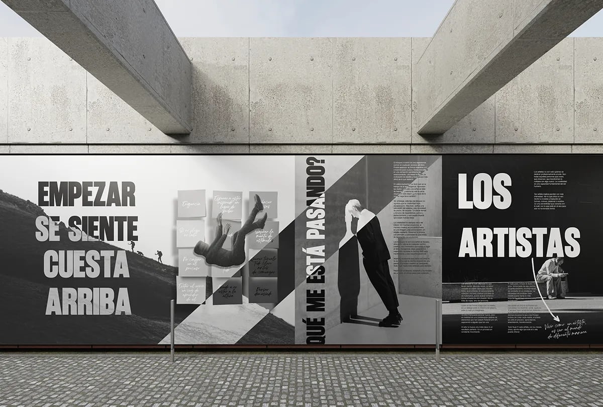 Mural tipográfico de la revista Bloqueo Creativo con el titular Empezar se siente cuesta arriba, de Rita García, alumna de Diseño Gráfico y Motion Graphics en TRAZOS