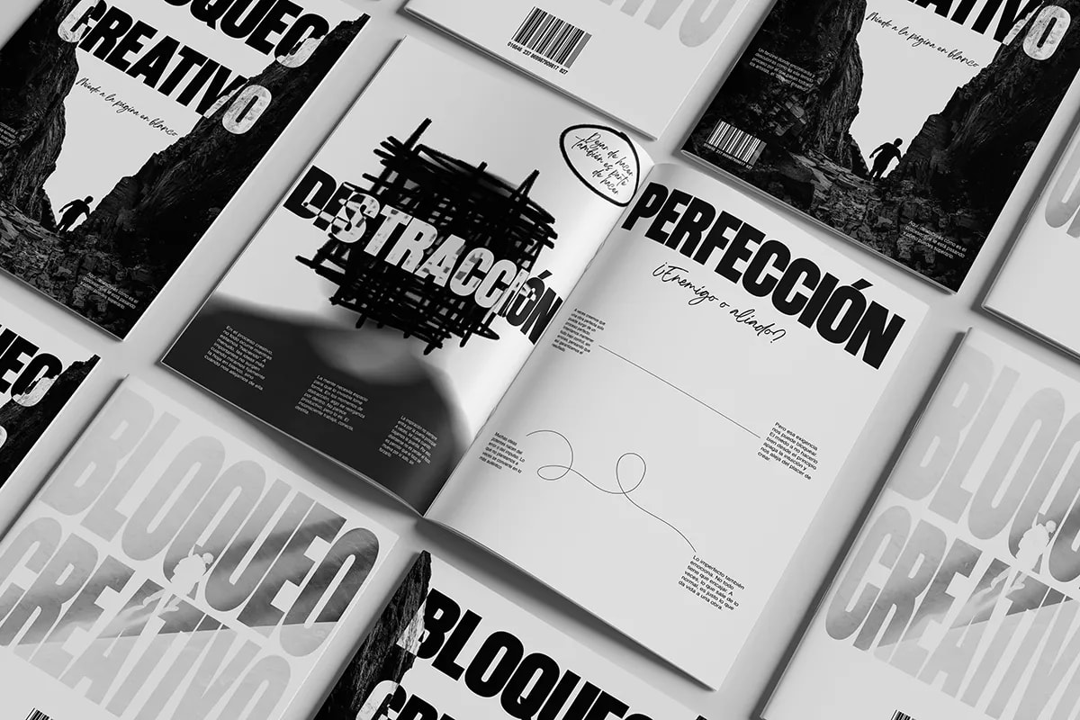 Doble página de Bloqueo Creativo con los titulares Distracción y Perfección, de Rita García, alumna de Diseño Gráfico y Motion Graphics en TRAZOS