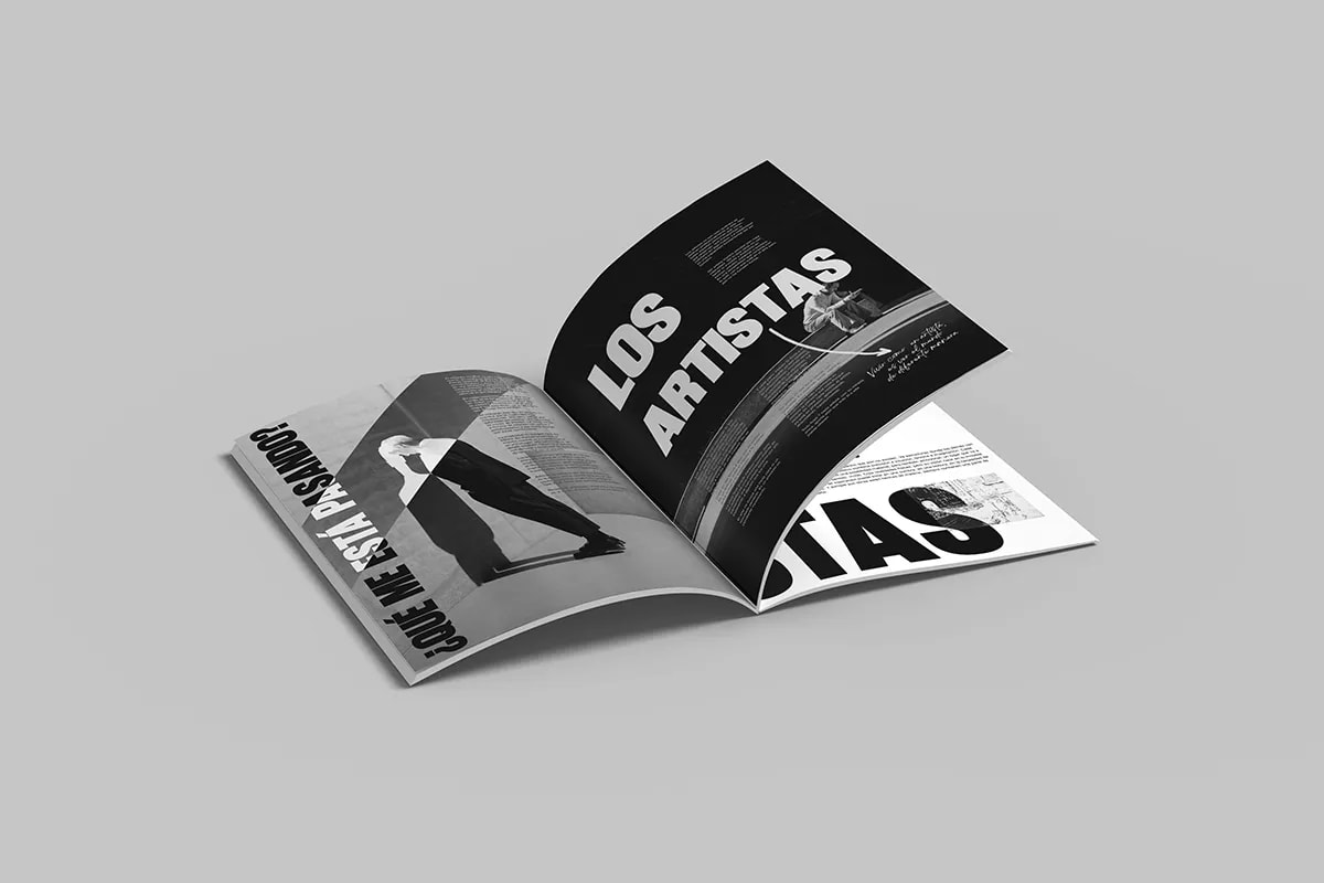 Revista abierta de Bloqueo Creativo con el titular Los artistas, de Rita García, alumna de Diseño Gráfico y Motion Graphics en TRAZOS