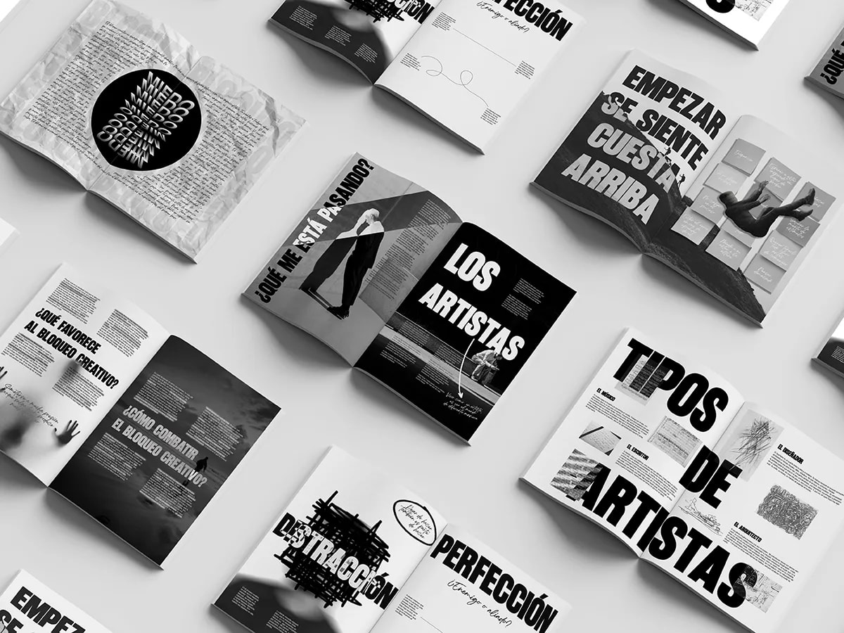 Páginas interiores de la revista Bloqueo Creativo dispuestas en cuadrícula, de Rita García, alumna de Diseño Gráfico y Motion Graphics en TRAZOS