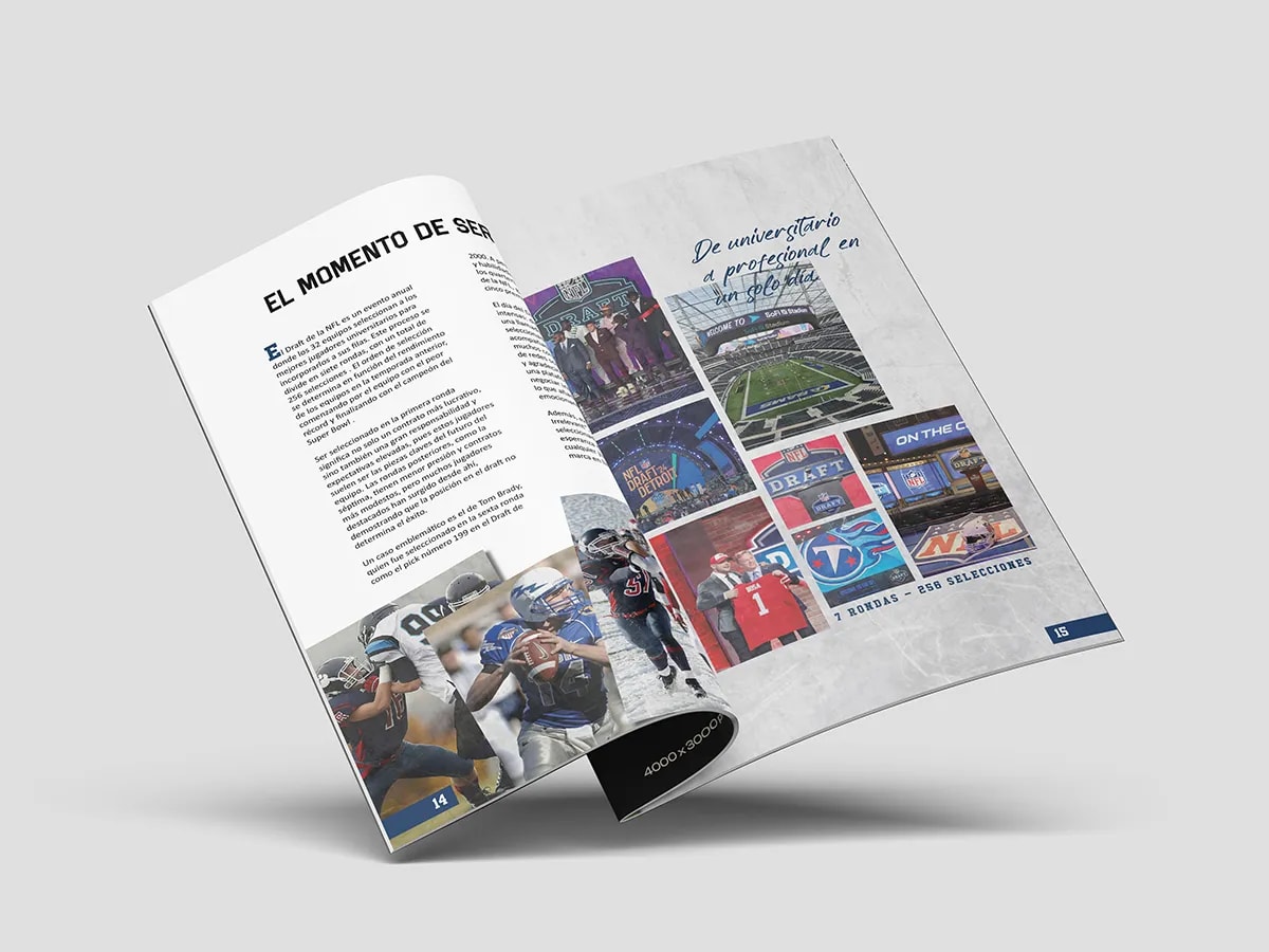 Doble página de la revista Del campus al estadio sobre el Draft de la NFL, de Patricia Serrano, alumna de Diseño Gráfico y Motion Graphics en TRAZOS