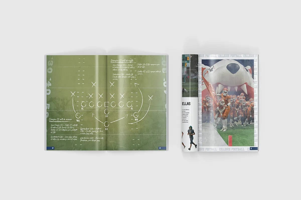 Doble página de la revista Del campus al estadio con un esquema táctico de fútbol americano, de Patricia Serrano, alumna de Diseño Gráfico y Motion Graphics en TRAZOS