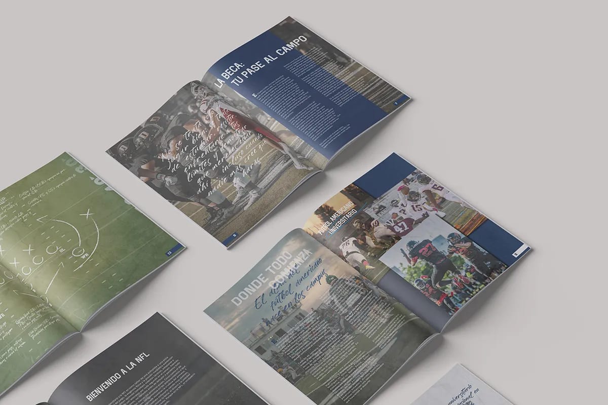 Doble página de la revista Del campus al estadio con el reportaje Bienvenido a la NFL, de Patricia Serrano, alumna de Diseño Gráfico y Motion Graphics en TRAZOS