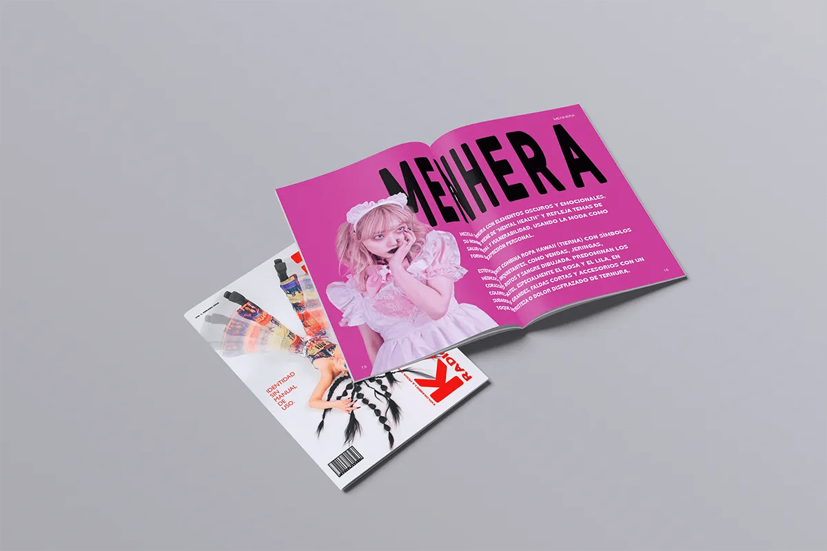 Doble página interior de la revista de moda KAWAII RADICAL con la sección Menhera, de Lara Oreiro, alumna de Diseño Gráfico y Motion Graphics en TRAZOS