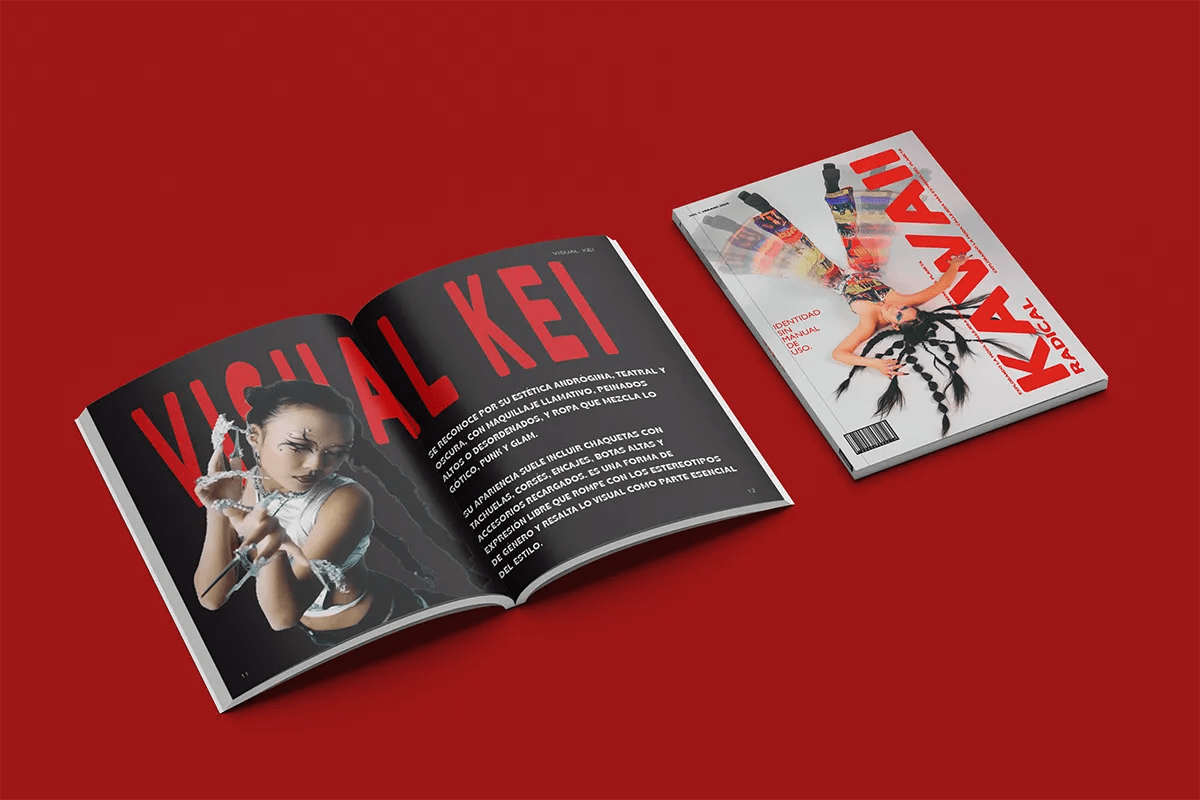 Doble página de KAWAII RADICAL sobre el estilo Visual Kei junto a la revista cerrada, de Lara Oreiro, alumna de Diseño Gráfico y Motion Graphics en TRAZOS