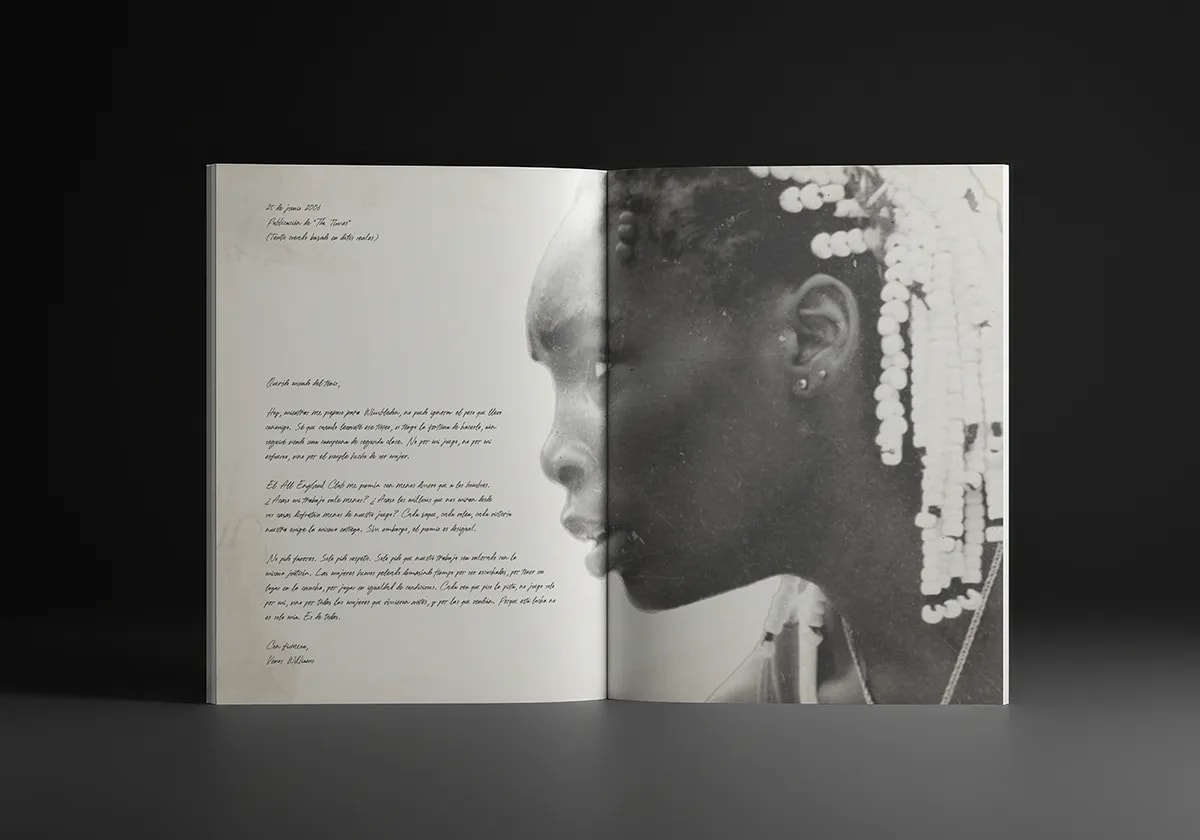 Doble página de la revista con retrato en blanco y negro y texto manuscrito, de Maren Alberdi Hernández, alumna de Diseño Gráfico y Motion Graphics en TRAZOS