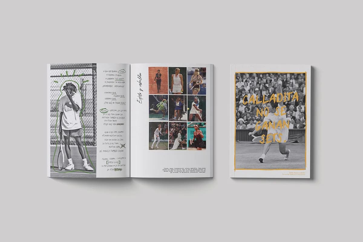 Doble página con collage fotográfico de tenistas y la portada del fanzine, de Maren Alberdi Hernández, alumna de Diseño Gráfico y Motion Graphics en TRAZOS