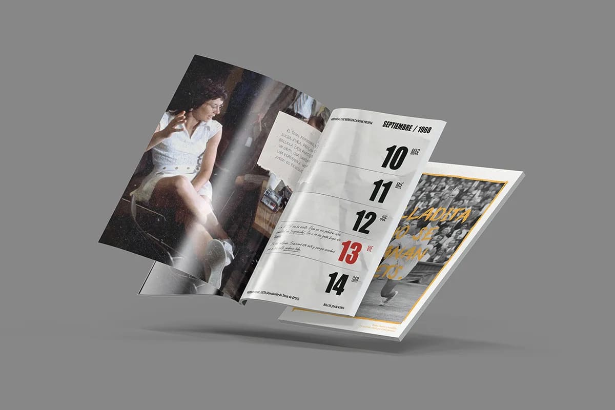 Revista abierta por una página con calendario de septiembre y foto de tenista, de Maren Alberdi Hernández, alumna de Diseño Gráfico y Motion Graphics en TRAZOS
