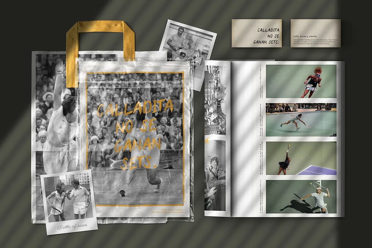 Papelería del proyecto: bolsa, polaroids y revista abierta de Calladita no se ganan sets, de Maren Alberdi Hernández, alumna de Diseño Gráfico y Motion Graphics en TRAZOS